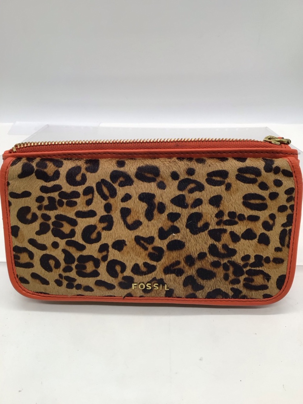 Fossil Orange Y2K Leopard Print Calf Hair Leather Wallet
